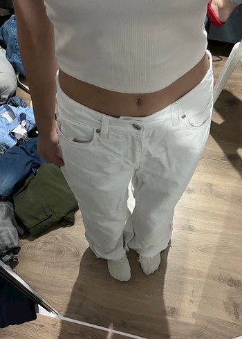Kadın Beyaz Midi Boy Bol Kesim Denim Pantolon