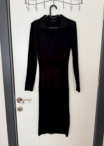 Kahverengi V Yaka Deri Triko Elbise - Görsel 4