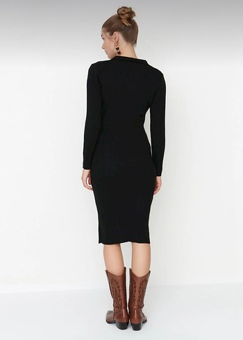 Kahverengi V Yaka Deri Triko Elbise - Görsel 2