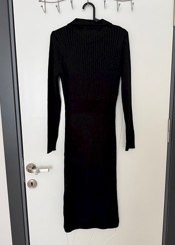 Kahverengi V Yaka Deri Triko Elbise - Görsel 5