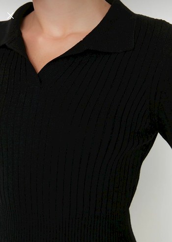 Kahverengi V Yaka Deri Triko Elbise - Görsel 3