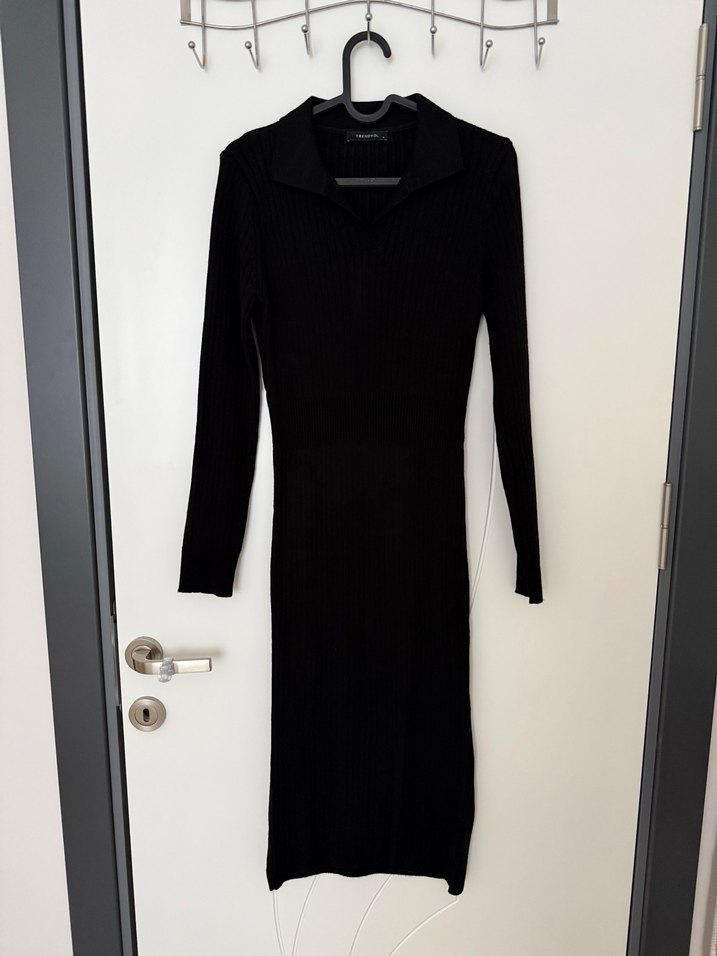 Kahverengi V Yaka Deri Triko Elbise - Görsel 4