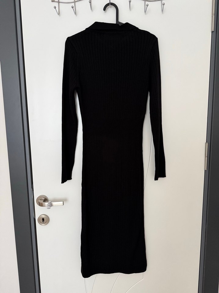 Kahverengi V Yaka Deri Triko Elbise - Görsel 5