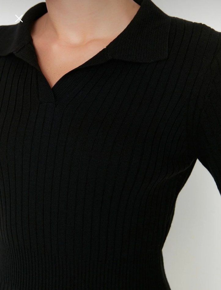 Kahverengi V Yaka Deri Triko Elbise - Görsel 3