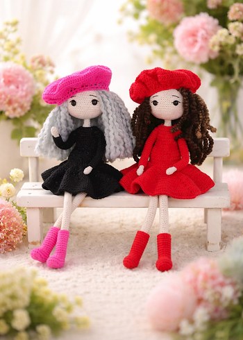 Renkli Örgü Bebekler - Pembe ve Kırmızı Şapkalı - Görsel 2