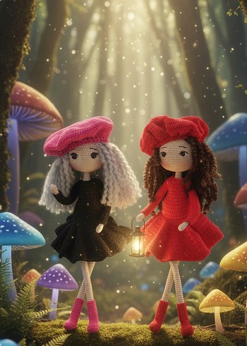 Renkli Örgü Bebekler - Pembe ve Kırmızı Şapkalı - Görsel 3