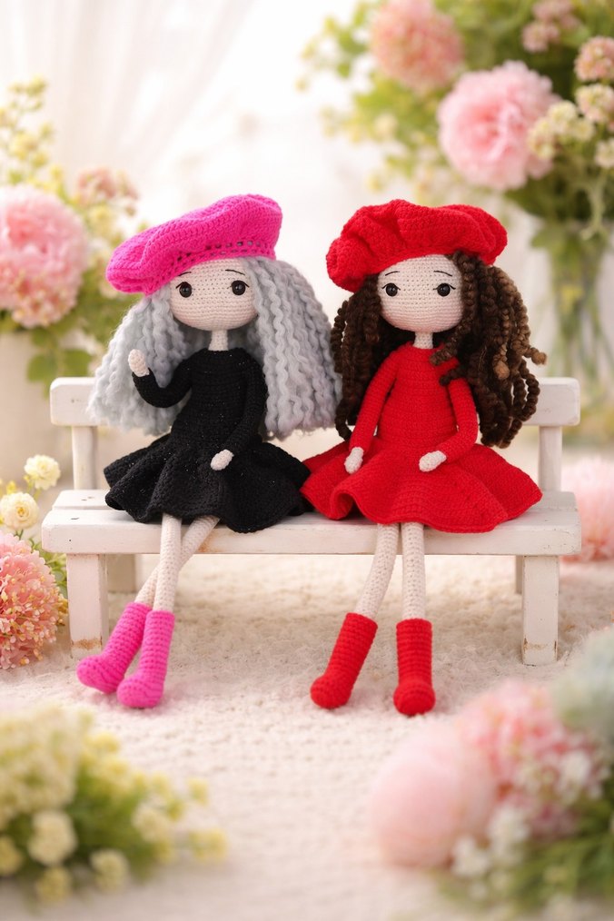 Renkli Örgü Bebekler - Pembe ve Kırmızı Şapkalı - Görsel 2