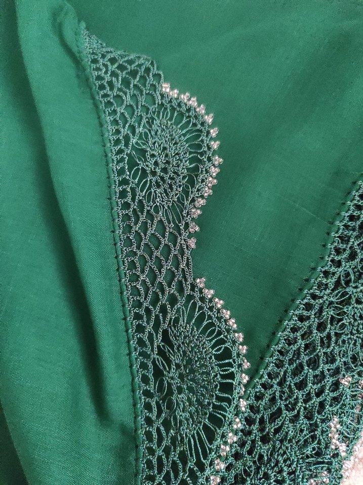 Dantel Detaylı Parlak Yeşil Bohem Kadın türbent tığ işlemeli ı - Görsel 2