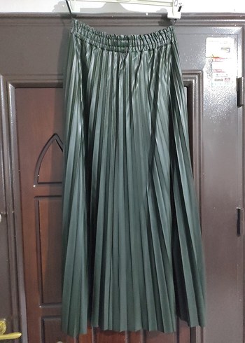 Kadın Gri Piliseli  deri Uzun Etek - Görsel 2