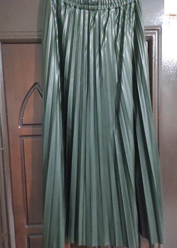 Kadın Gri Piliseli  deri Uzun Etek - Görsel 3