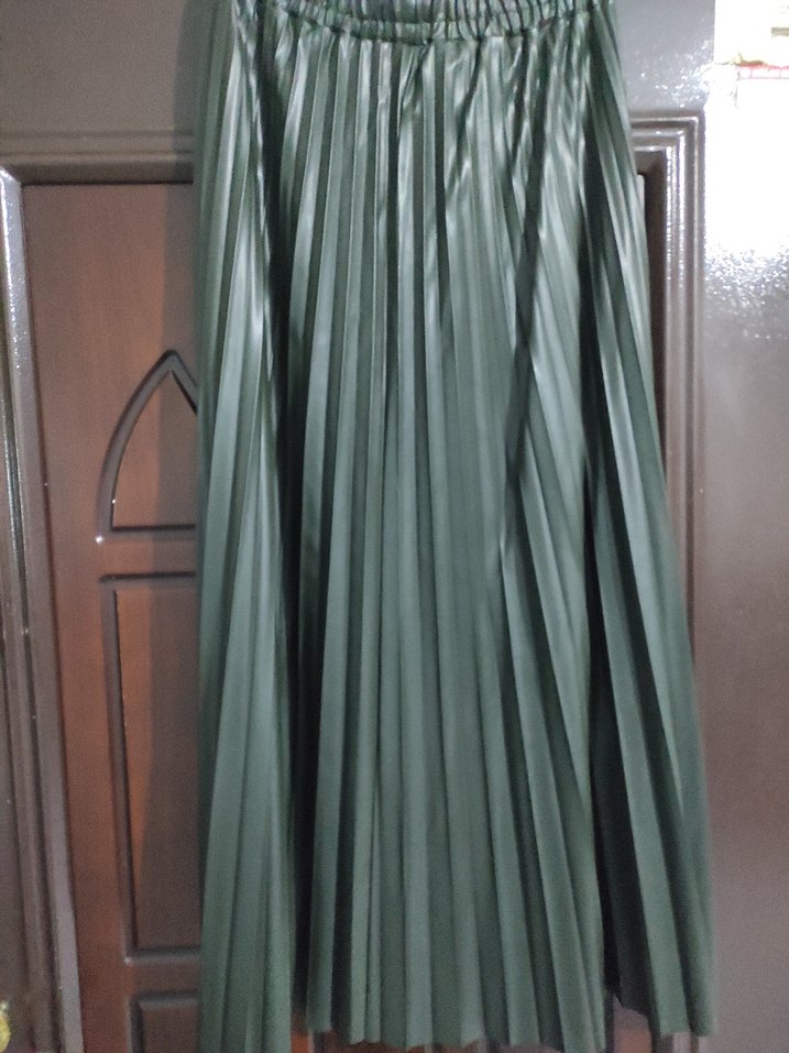 Kadın Gri Piliseli  deri Uzun Etek - Görsel 3