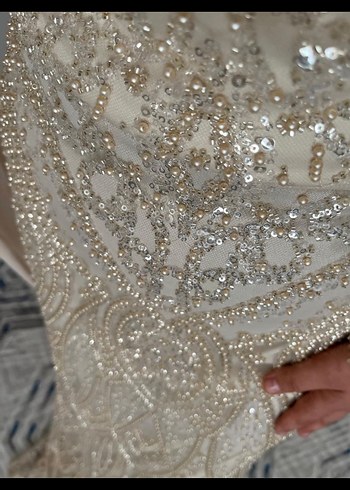 Bej Uzun Kollu Drapeli kiralık Kadın Abiye Elbise - Görsel 6