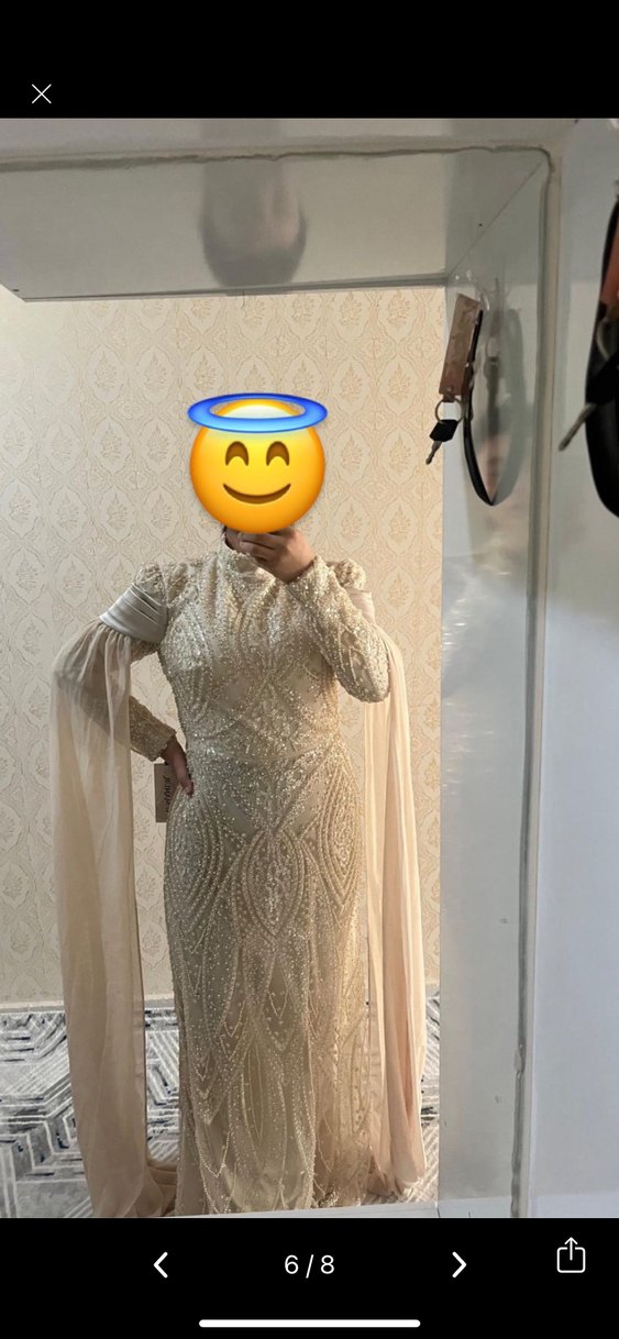 Bej Uzun Kollu Drapeli kiralık Kadın Abiye Elbise - Görsel 5