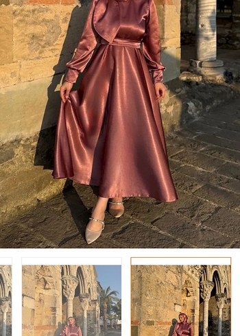 Bordo Uzun Kollu Saten Elbise - Görsel 2