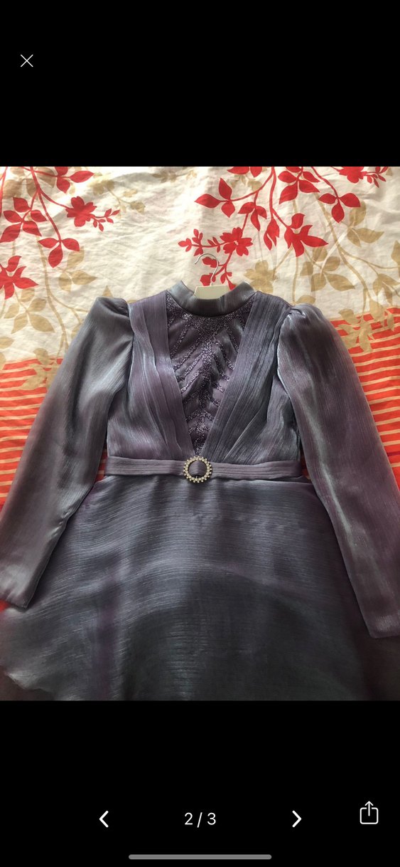 Uzun Kol, Yüksek Yaka Mor Vintage Abiye - Görsel 2