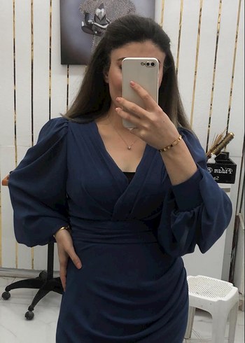 Lacivert Uzun Kollu V Yaka Uzun Elbise - Görsel 3