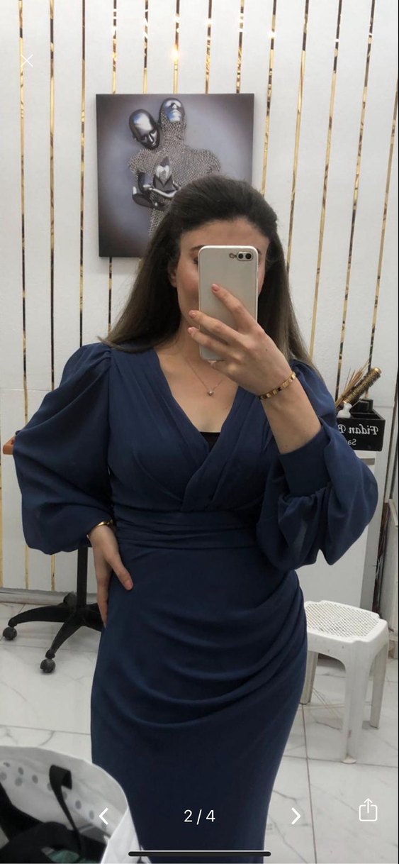 Lacivert Uzun Kollu V Yaka Uzun Elbise - Görsel 3