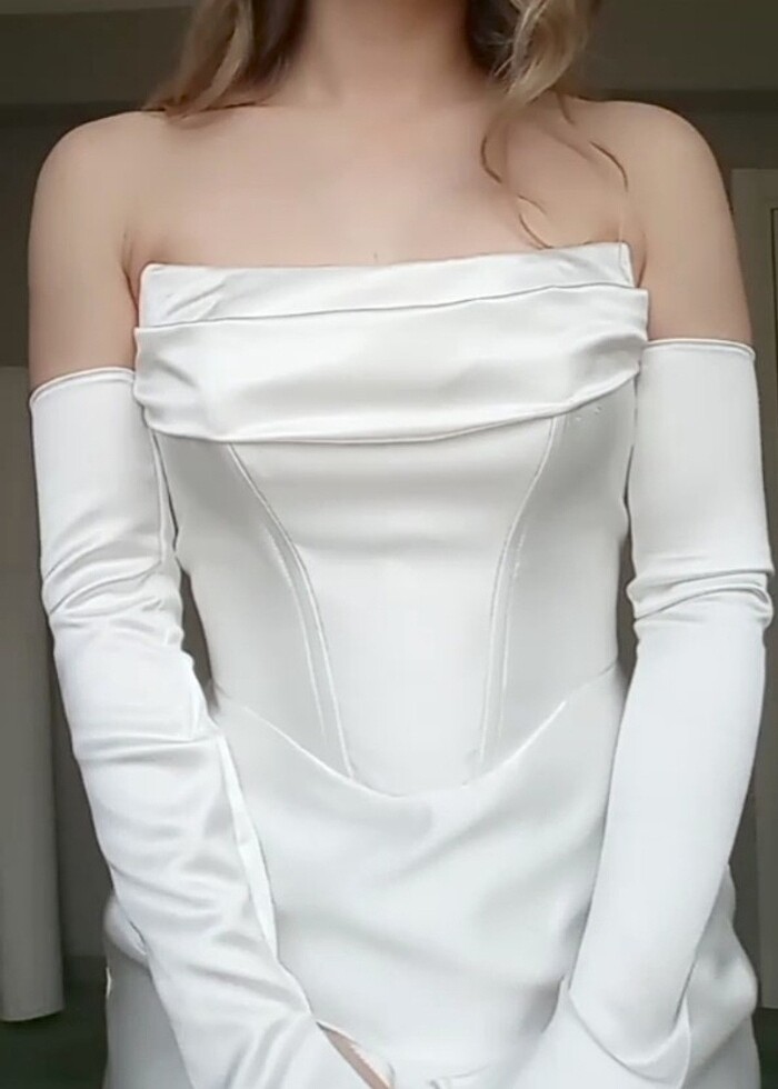 Balık beyaz saten gelinlik nikah elbisesi - Görsel 2