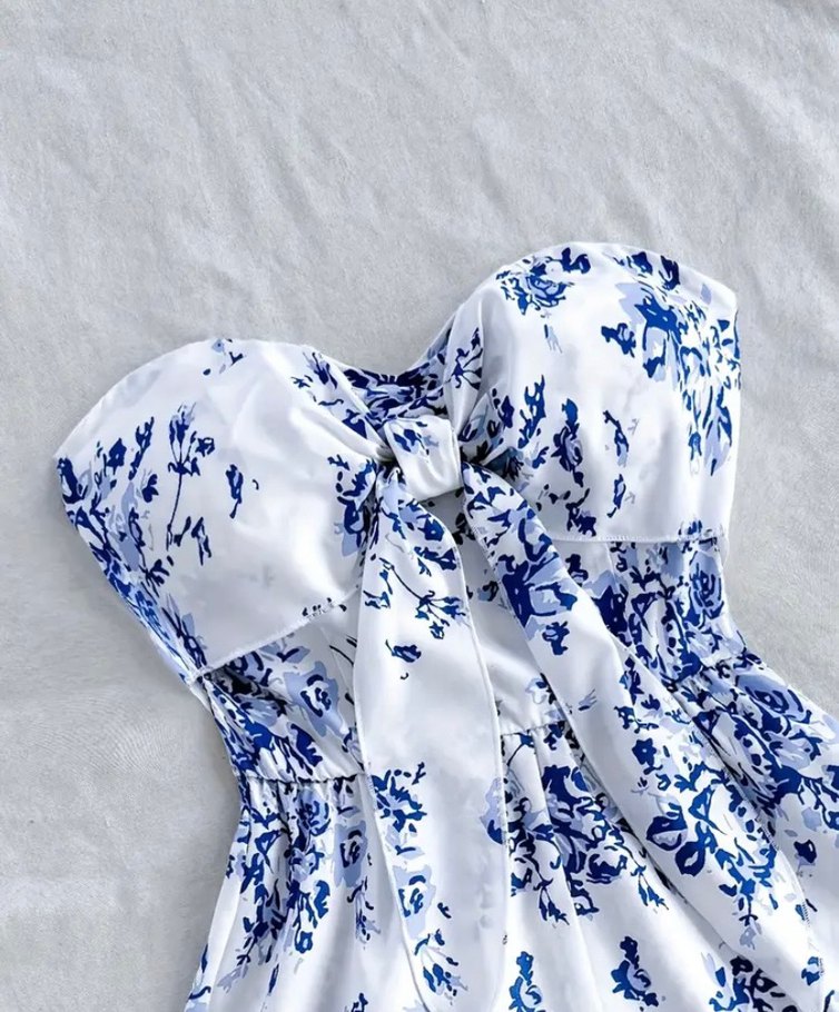 Mavi Çiçekli Straplez Mini Elbise - Görsel 4