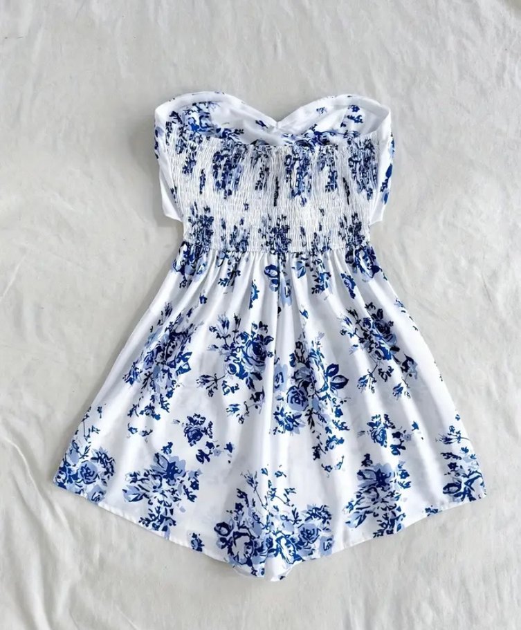 Mavi Çiçekli Straplez Mini Elbise - Görsel 3