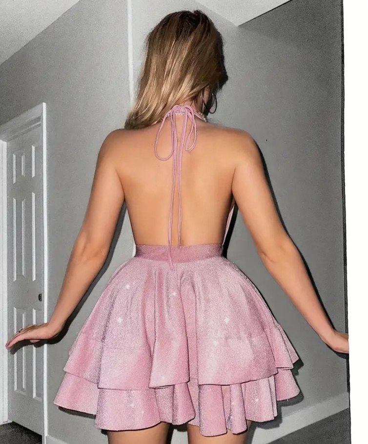 Pembe Parlak Mini Abiye Elbise - Görsel 3