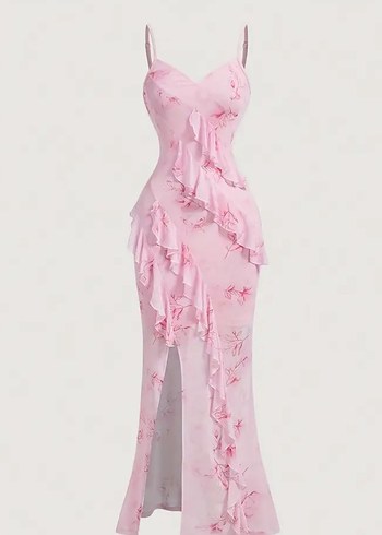 Pembe Drapeli Uzun İp Askılı Elbise