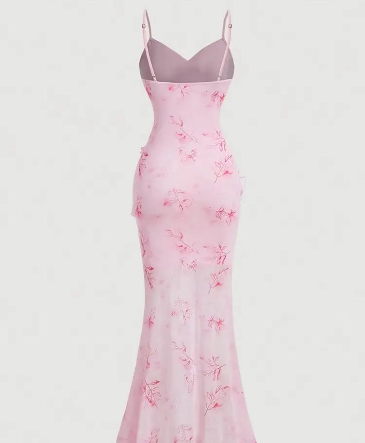 Pembe Drapeli Uzun İp Askılı Elbise - Görsel 2