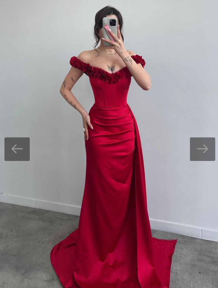 Kırmızı Drapeli Uzun Abiye Elbise - Görsel 2