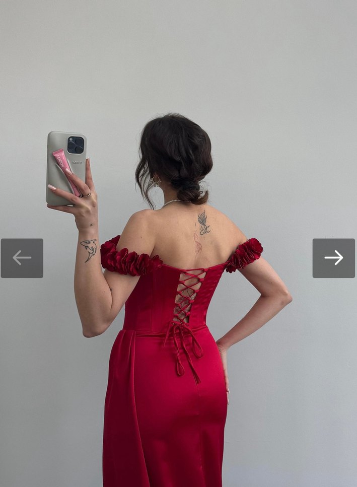 Kırmızı Drapeli Uzun Abiye Elbise - Görsel 5