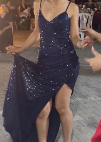 Parlak Lacivert Drapeli Uzun Abiye Elbise - Görsel 5