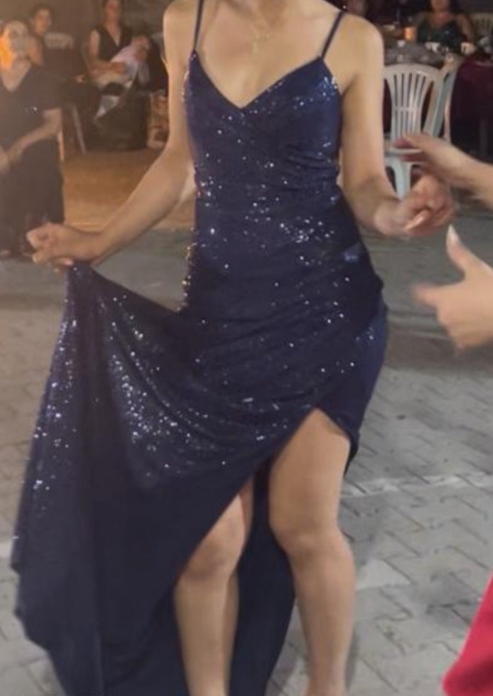 Parlak Lacivert Drapeli Uzun Abiye Elbise - Görsel 5