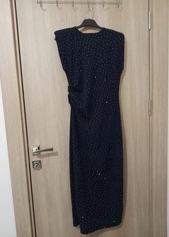 Lacivert Puantiyeli Drapeli Uzun Abiye Elbise - Görsel 4