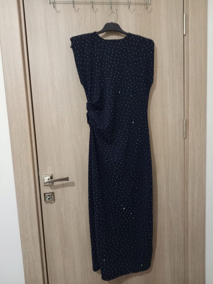 Lacivert Puantiyeli Drapeli Uzun Abiye Elbise - Görsel 4