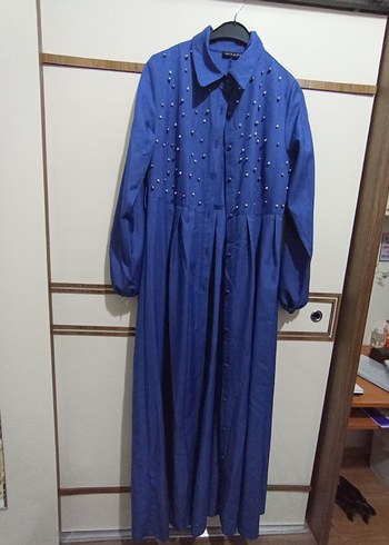 Düğmeli Mavi Uzun Denim Elbise