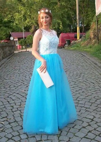 Dantel Detaylı Uzun Mavi Bohem Abiye Elbise