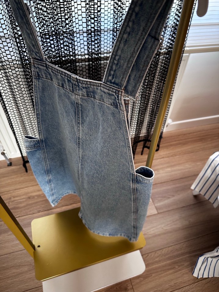 Kadın Mavi Denim Askılı Midi Tulum - Görsel 3