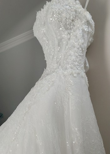 Uzun Kollu Straplez A Kesim Beyaz Gelinlik - Görsel 4