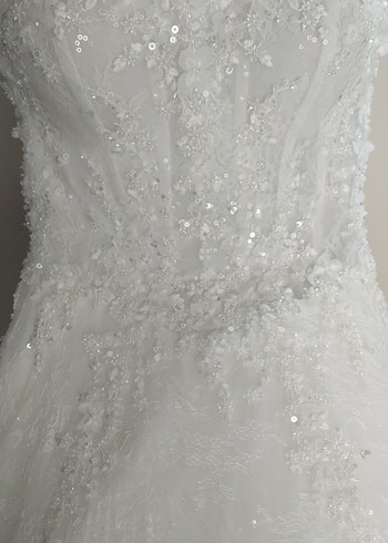 Uzun Kollu Straplez A Kesim Beyaz Gelinlik - Görsel 8