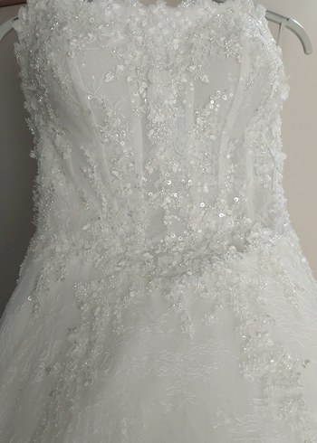 Uzun Kollu Straplez A Kesim Beyaz Gelinlik - Görsel 3