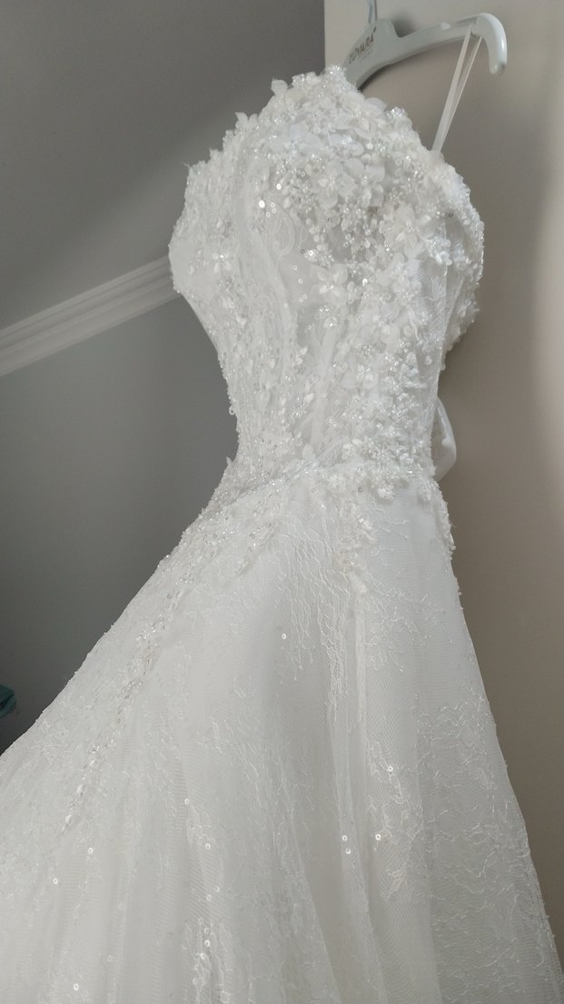 Uzun Kollu Straplez A Kesim Beyaz Gelinlik - Görsel 4