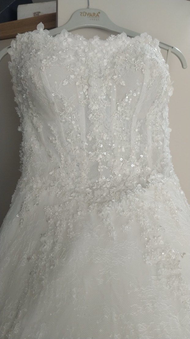 Uzun Kollu Straplez A Kesim Beyaz Gelinlik - Görsel 3