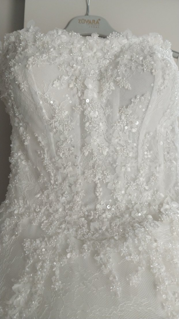 Uzun Kollu Straplez A Kesim Beyaz Gelinlik - Görsel 5