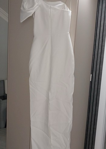 Beyaz Straplez Drapeli Uzun Abiye Elbise - Görsel 7