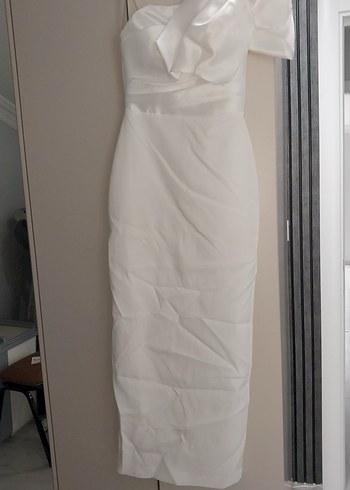 Beyaz Straplez Drapeli Uzun Abiye Elbise - Görsel 3