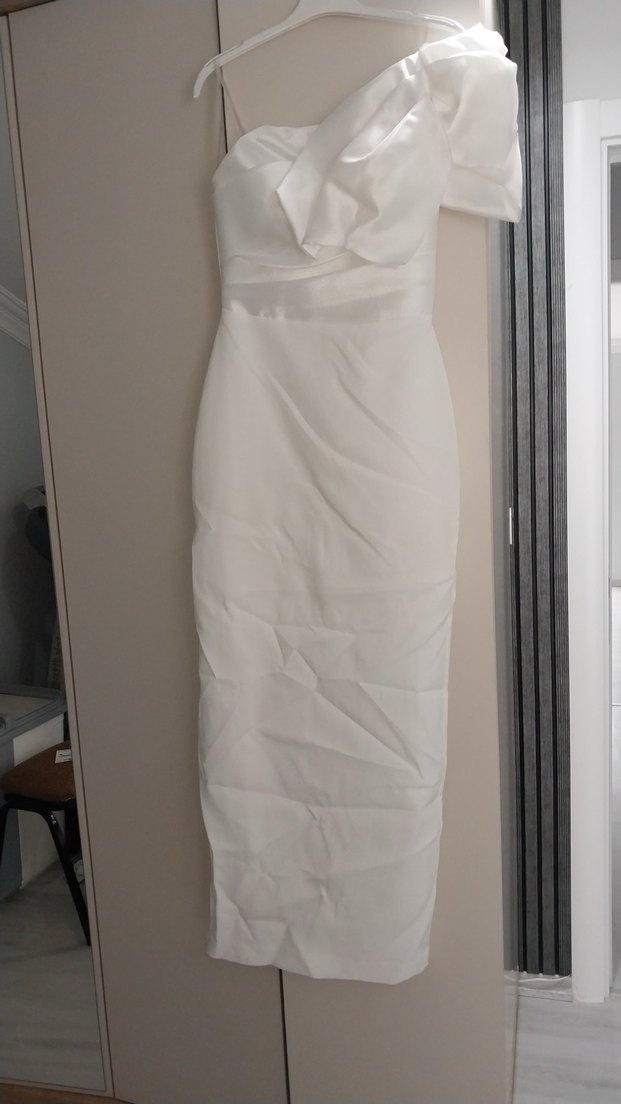 Beyaz Straplez Drapeli Uzun Abiye Elbise - Görsel 3