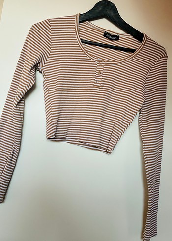 Bej Çizgili Uzun Kollu Crop - Görsel 2