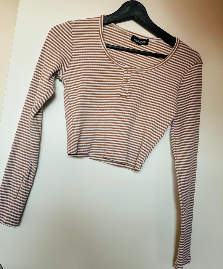 Bej Çizgili Uzun Kollu Crop - Görsel 2