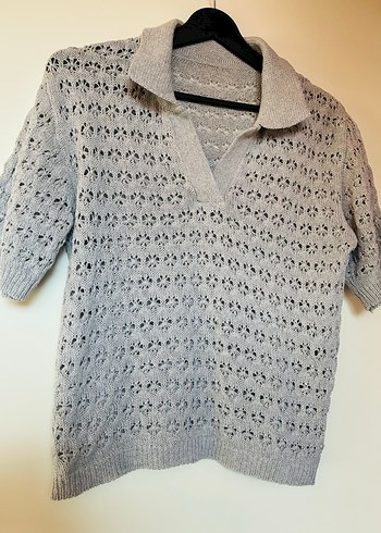 Gri Örgü Kadın Kısa Kollu Kazak - Görsel 3