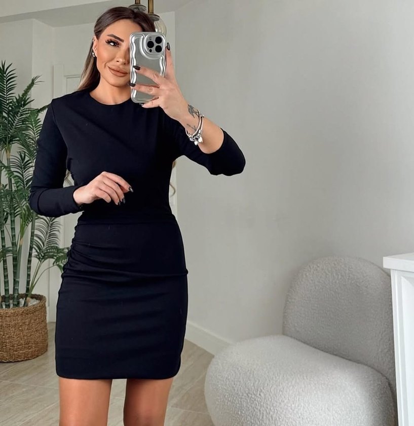 Siyah Uzun Kollu Mini Ofis Elbisesi - Görsel 3