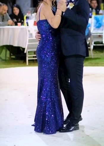 Parlak Mor Uzun Askılı Abiye Elbise - Görsel 3